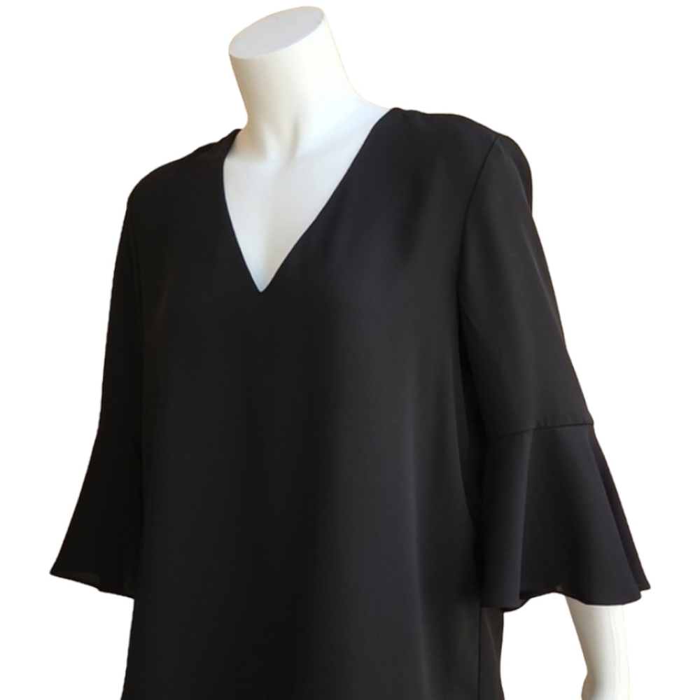 KAREN KANE Black Chiffon Blouse M Crossover Hem Ruffle Bell Sleeve Top - Picture 11 of 16
